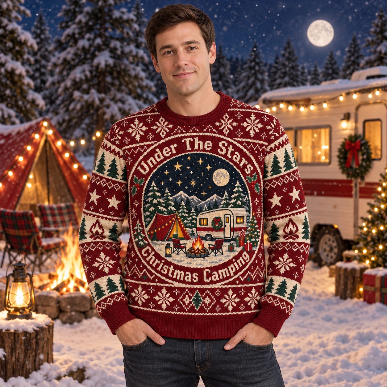 [popular-sweater:PX-09-20:male] Under The Stars Christmas Camping Ugly Christmas Sweatshirt - Male view