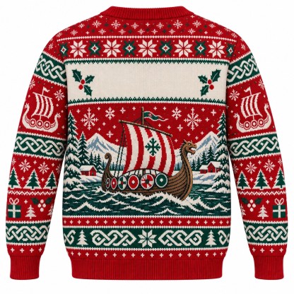 [popular-sweater:PX-10-01:back] Valhalla Holidays Viking Ship Ugly Christmas Sweatshirt - Back view
