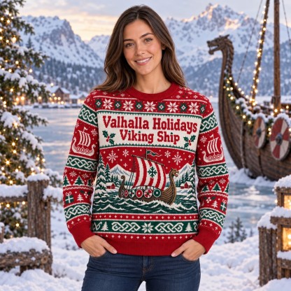 [popular-sweater:PX-10-01:female] Valhalla Holidays Viking Ship Ugly Christmas Sweatshirt - Female view