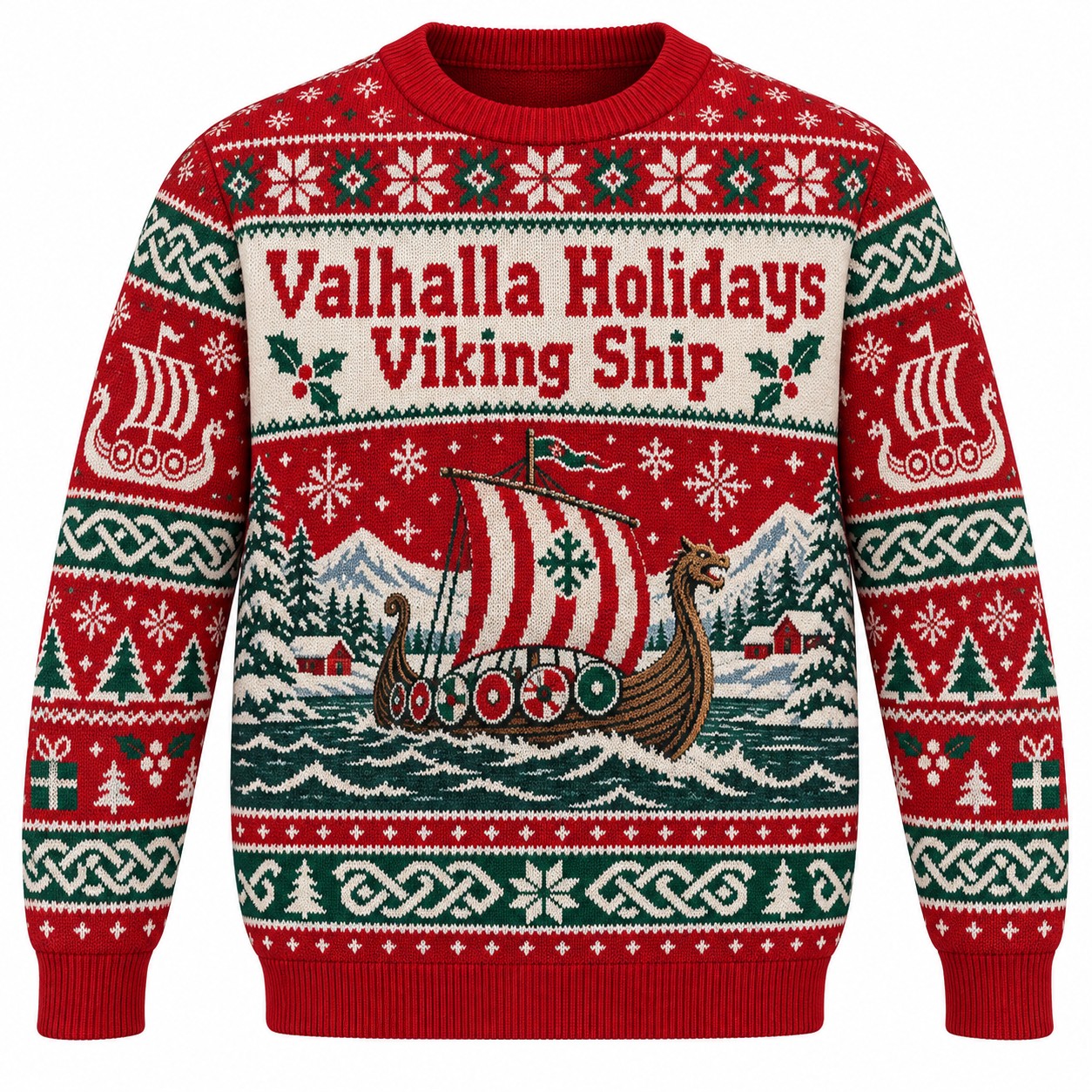 [popular-sweater:PX-10-01:front] Valhalla Holidays Viking Ship Ugly Christmas Sweatshirt - Front view