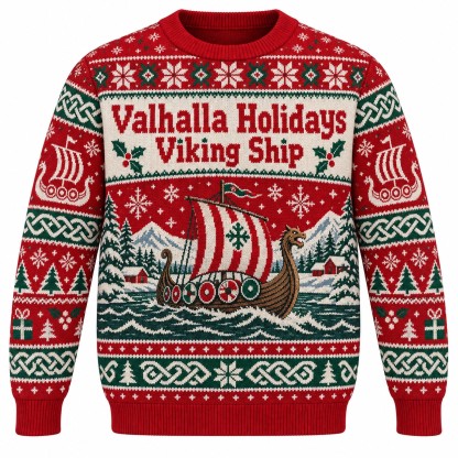 [popular-sweater:PX-10-01:front] Valhalla Holidays Viking Ship Ugly Christmas Sweatshirt - Front view