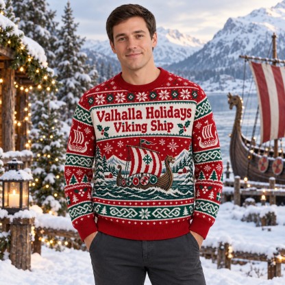[popular-sweater:PX-10-01:male] Valhalla Holidays Viking Ship Ugly Christmas Sweatshirt - Male view