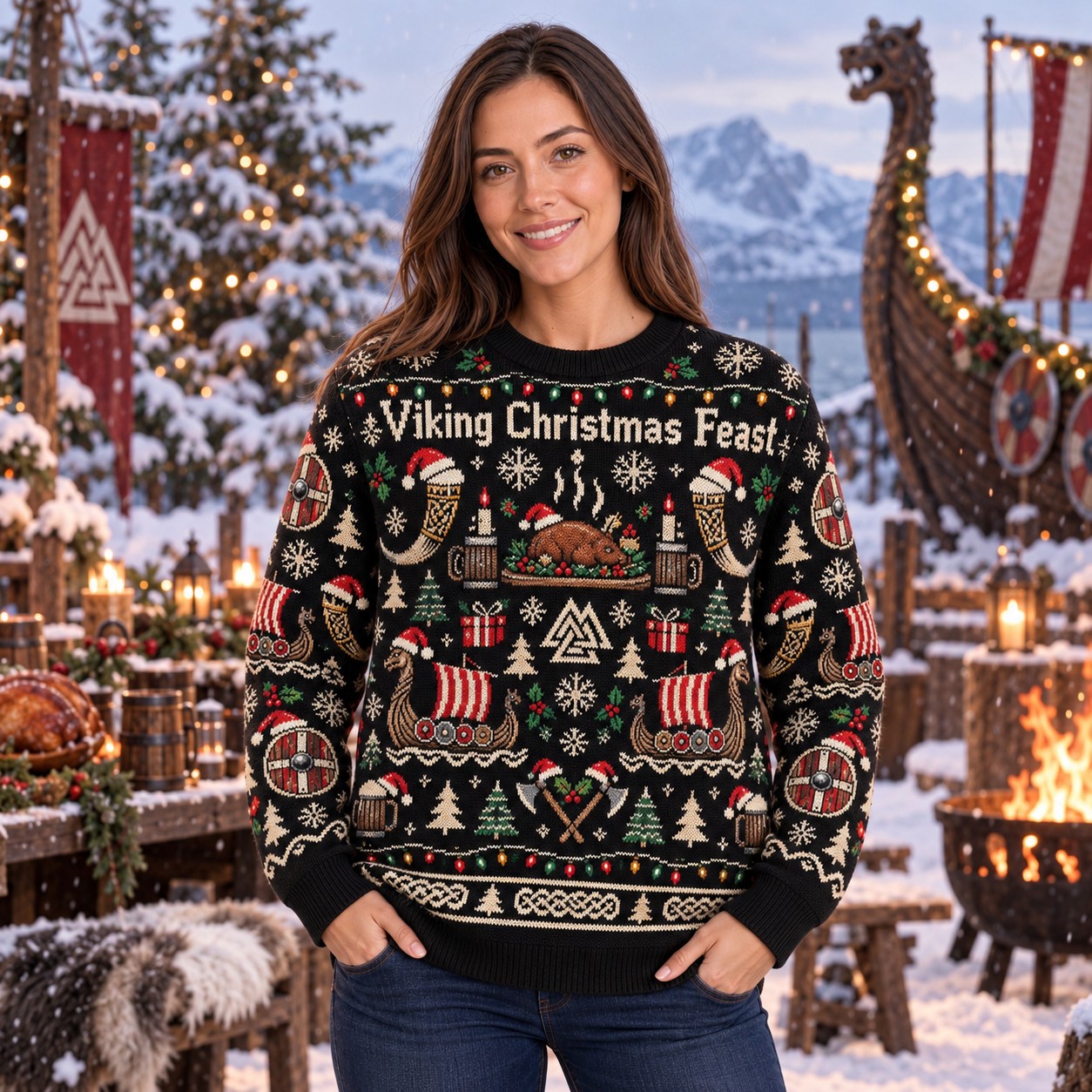 [popular-sweater:PX-10-02:female] Viking Christmas Feast Ugly Christmas Sweatshirt - Female view
