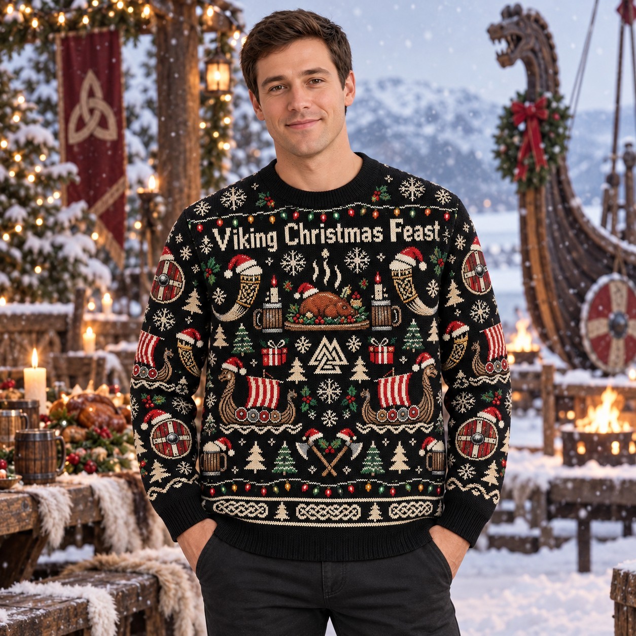 [popular-sweater:PX-10-02:male] Viking Christmas Feast Ugly Christmas Sweatshirt - Male view