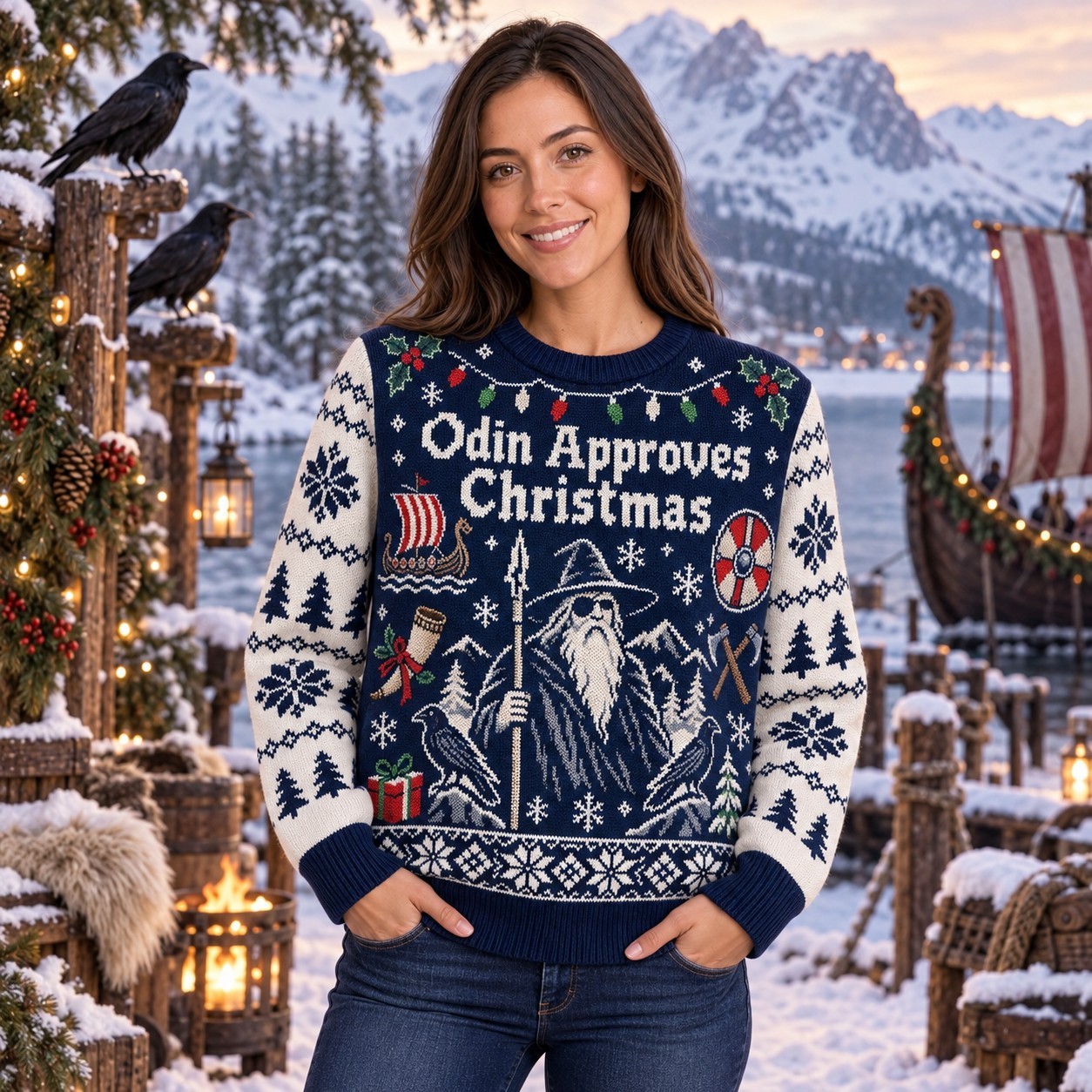 [popular-sweater:PX-10-03:female] Odin Approves Christmas Ugly Christmas Sweatshirt - Female view