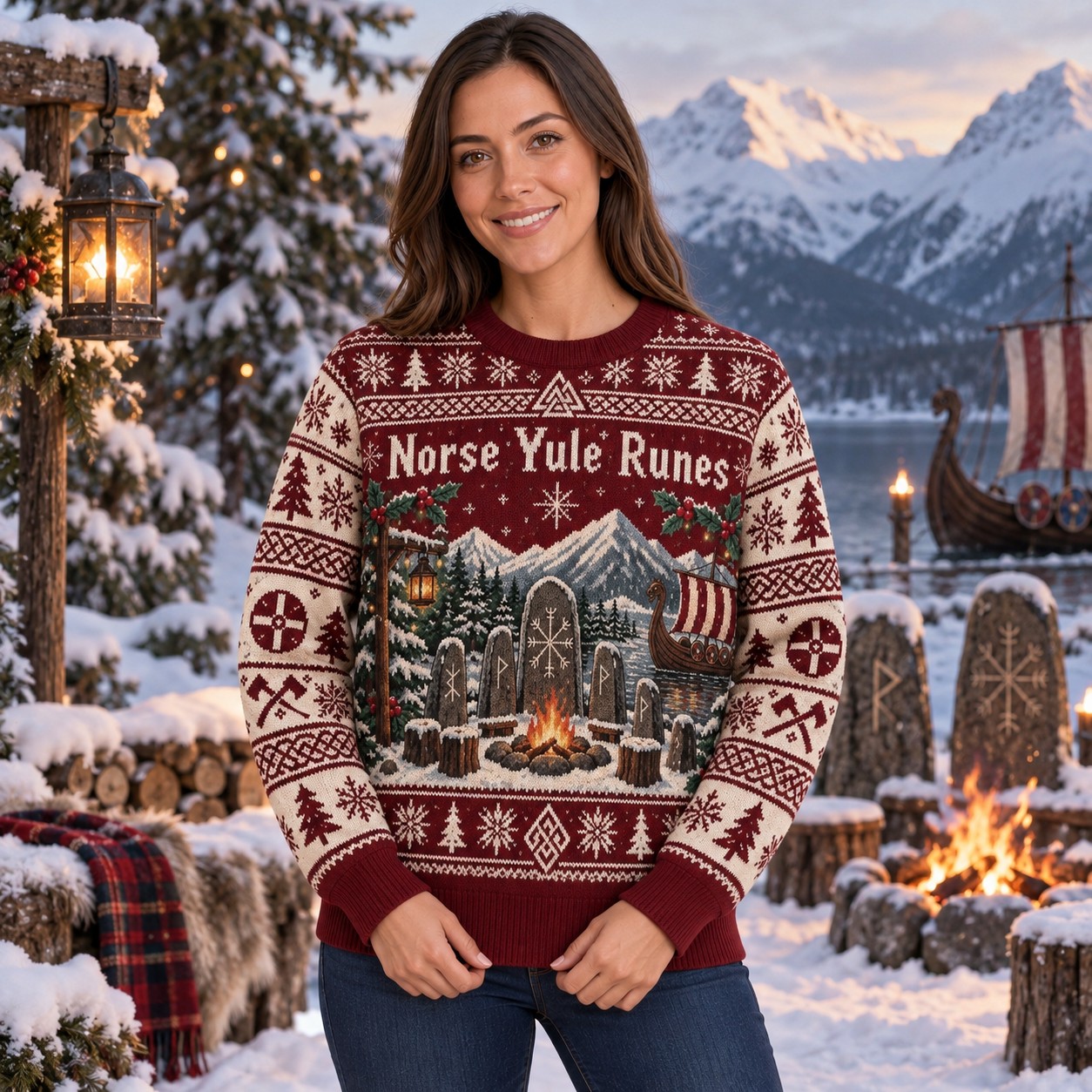 [popular-sweater:PX-10-04:female] Norse Yule Runes Ugly Christmas Sweatshirt - Female view