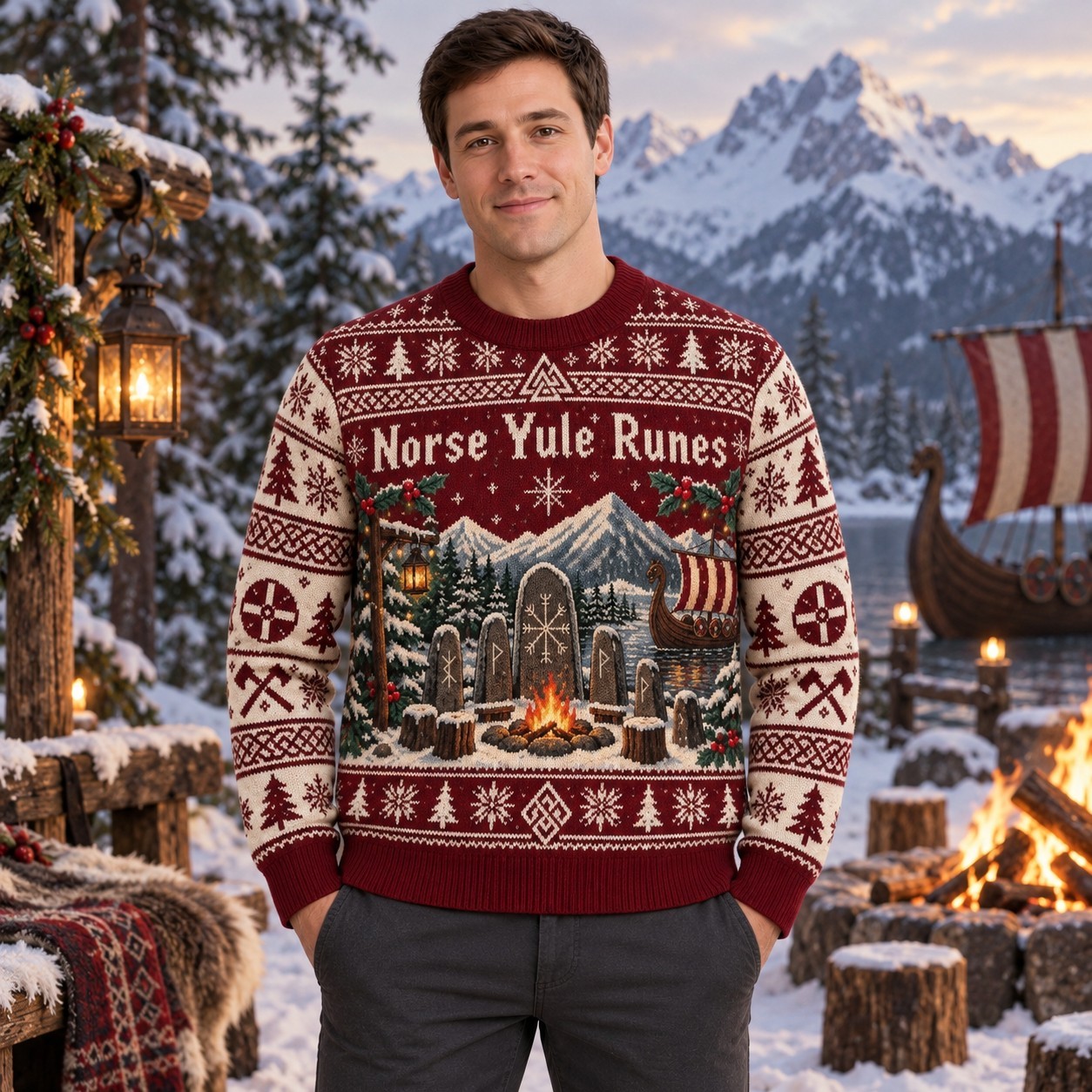 [popular-sweater:PX-10-04:male] Norse Yule Runes Ugly Christmas Sweatshirt - Male view
