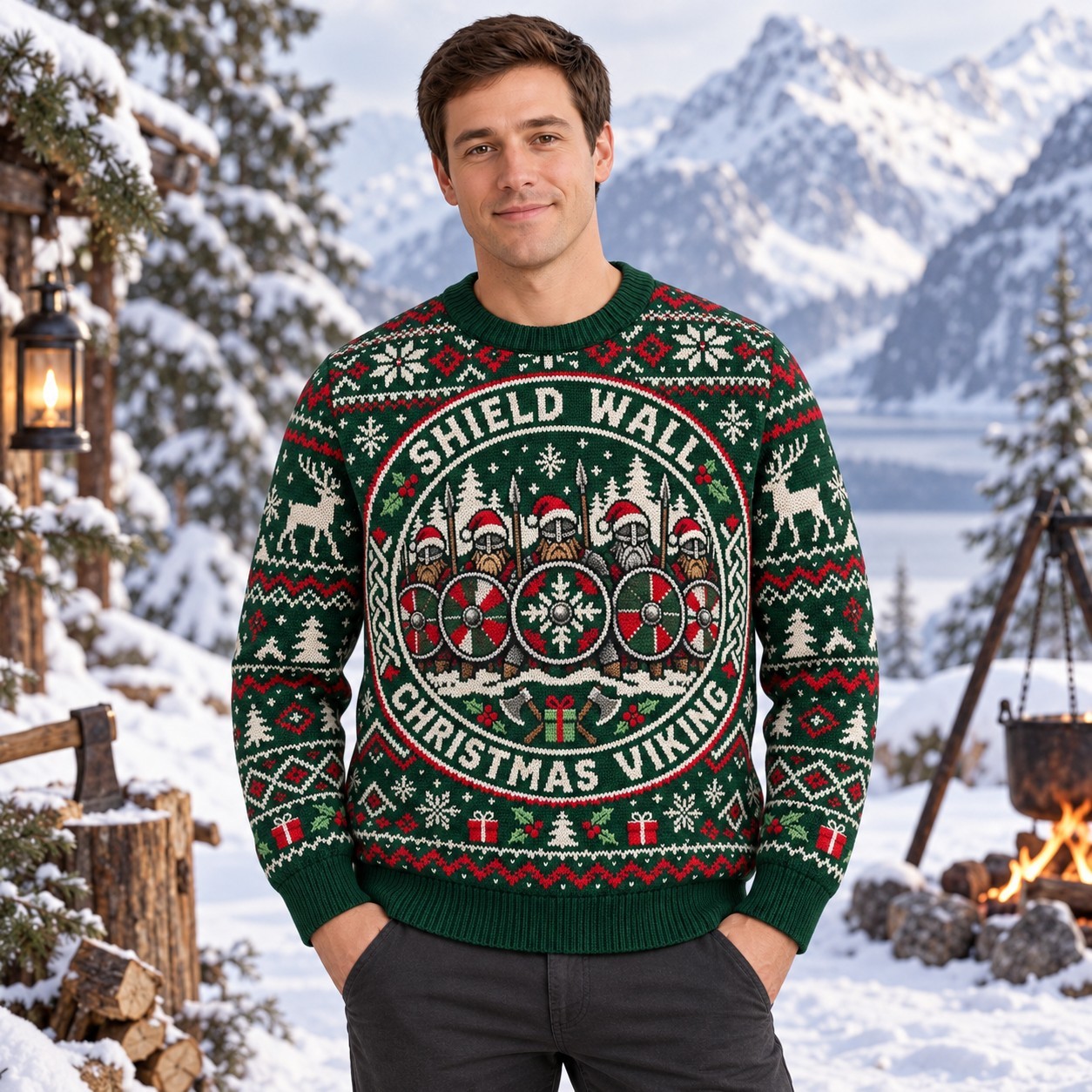 [popular-sweater:PX-10-05:male] Shield Wall Christmas Viking Ugly Christmas Sweatshirt - Male view