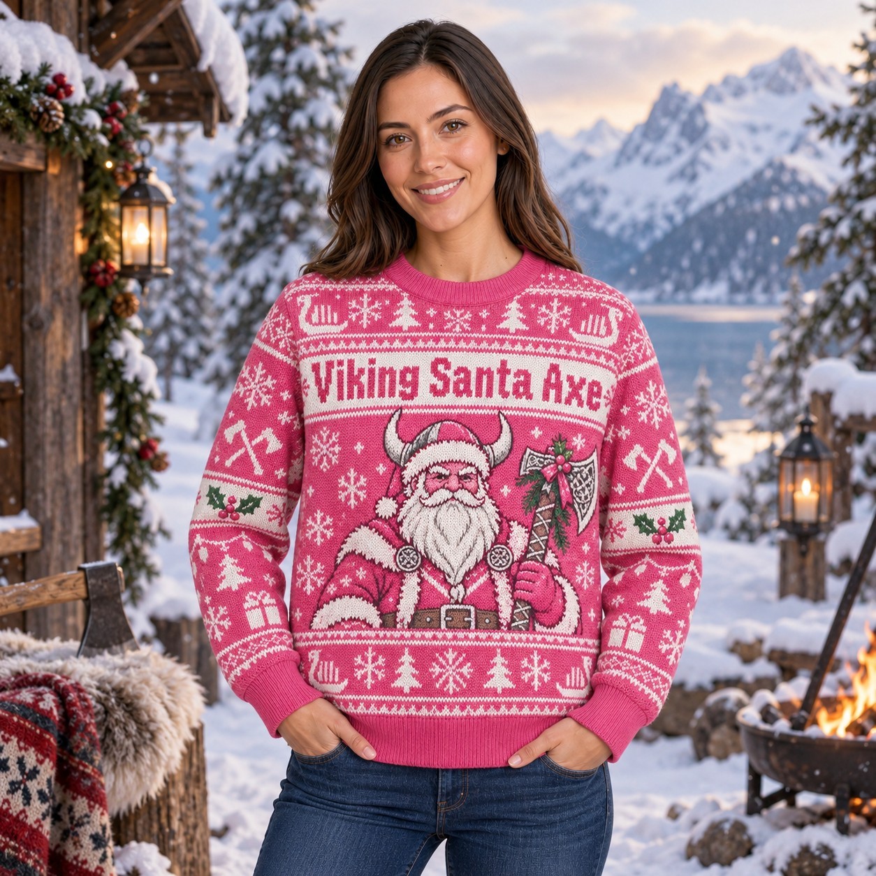 [popular-sweater:PX-10-06:female] Viking Santa Axe Ugly Christmas Sweatshirt - Female view