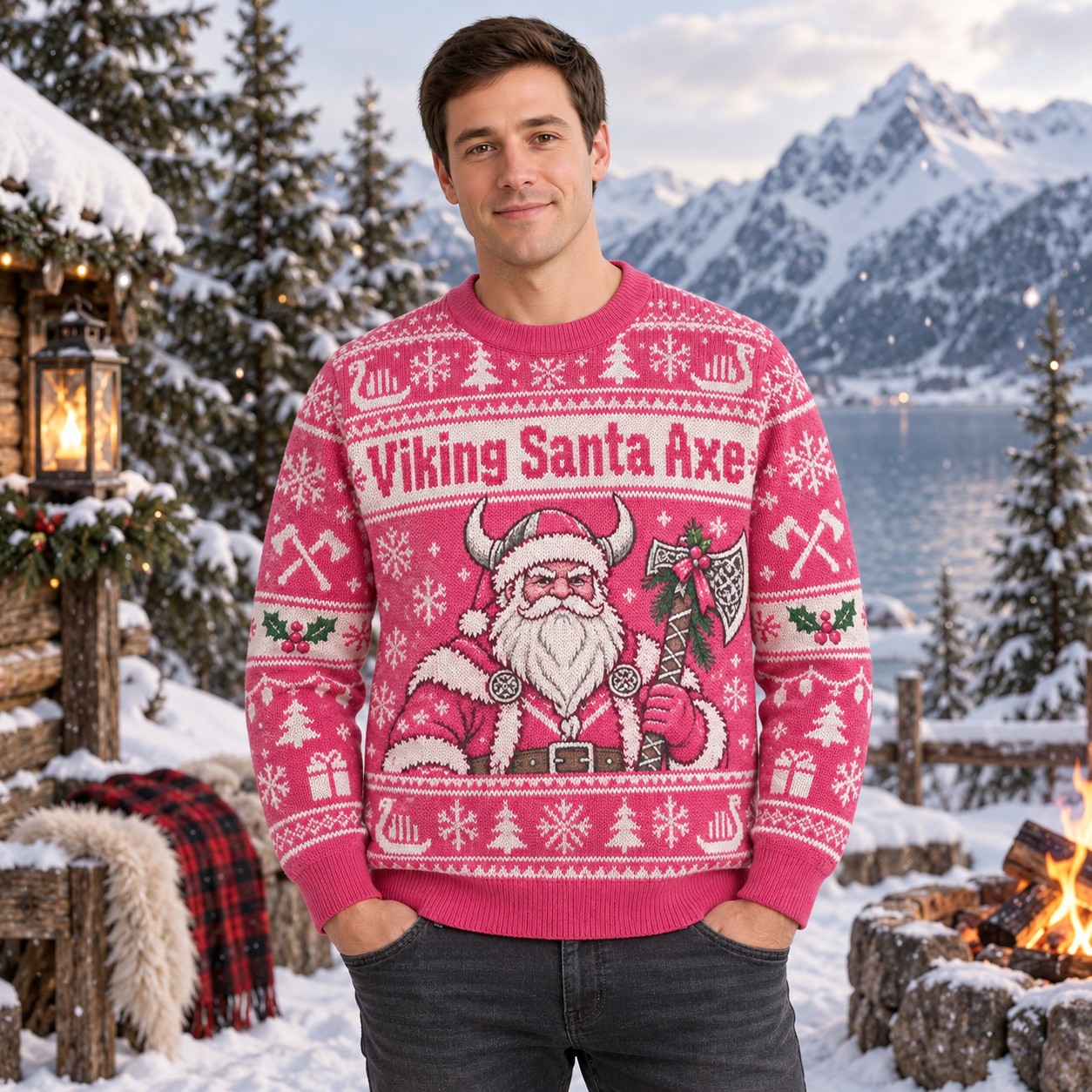 [popular-sweater:PX-10-06:male] Viking Santa Axe Ugly Christmas Sweatshirt - Male view