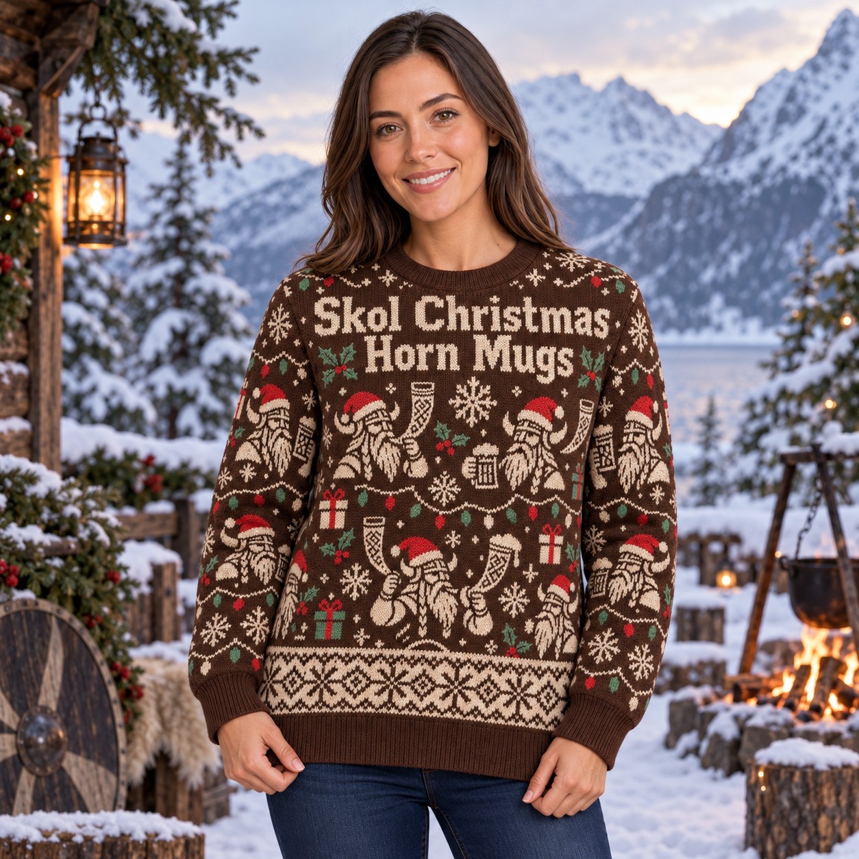 [popular-sweater:PX-10-07:female] Skol Christmas Horn Mugs Ugly Christmas Sweatshirt - Female view