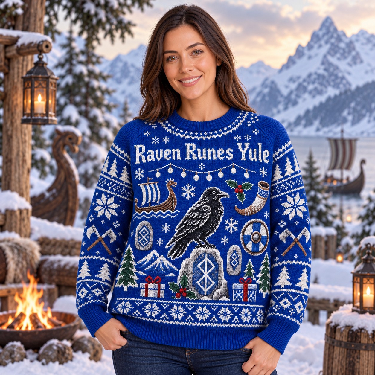 [popular-sweater:PX-10-08:female] Raven Runes Yule Ugly Christmas Sweatshirt - Female view