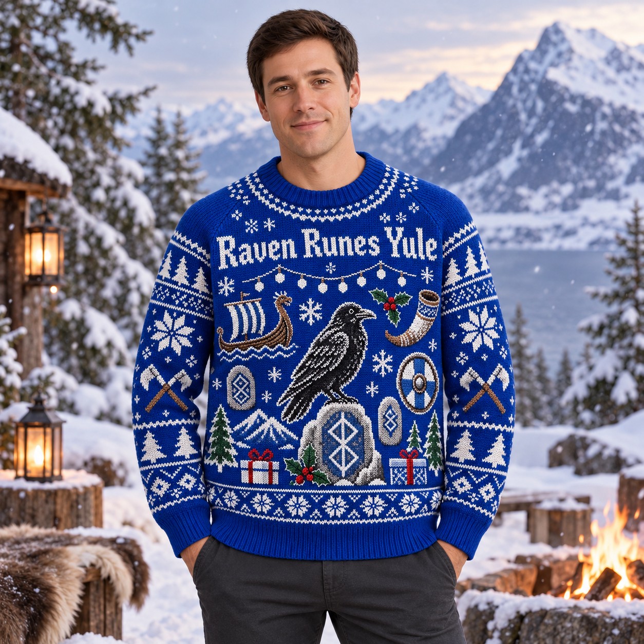 [popular-sweater:PX-10-08:male] Raven Runes Yule Ugly Christmas Sweatshirt - Male view