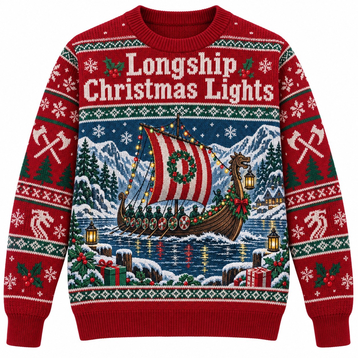 [popular-sweater:PX-10-09:front] Longship Christmas Lights Ugly Christmas Sweatshirt - Front view