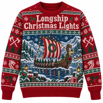[popular-sweater:PX-10-09:front] Longship Christmas Lights Ugly Christmas Sweatshirt - Front view