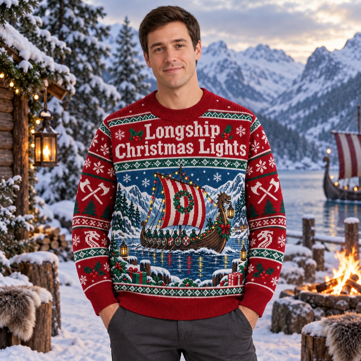 [popular-sweater:PX-10-09:male] Longship Christmas Lights Ugly Christmas Sweatshirt - Male view