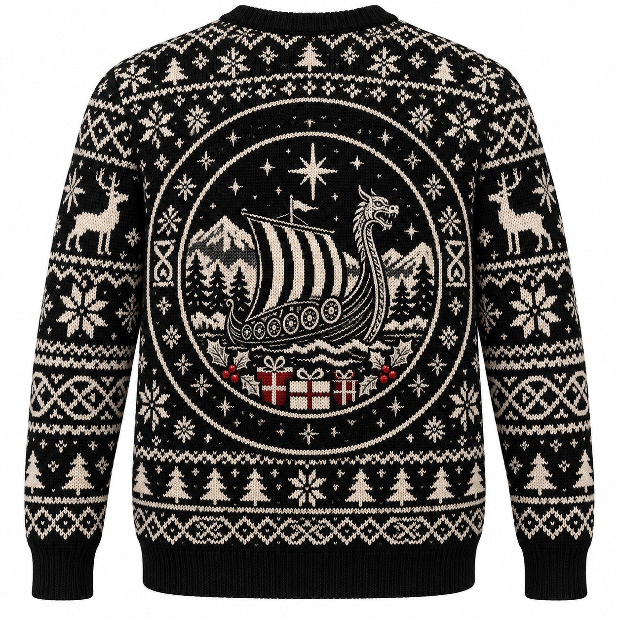 [popular-sweater:PX-10-10:back] Dragon Prow Viking Holidays Ugly Christmas Sweatshirt - Back view