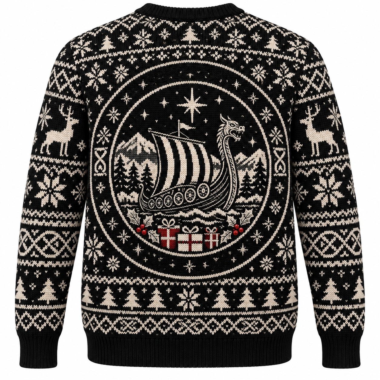[popular-sweater:PX-10-10:back] Dragon Prow Viking Holidays Ugly Christmas Sweatshirt - Back view