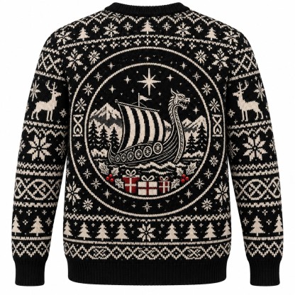 [popular-sweater:PX-10-10:back] Dragon Prow Viking Holidays Ugly Christmas Sweatshirt - Back view