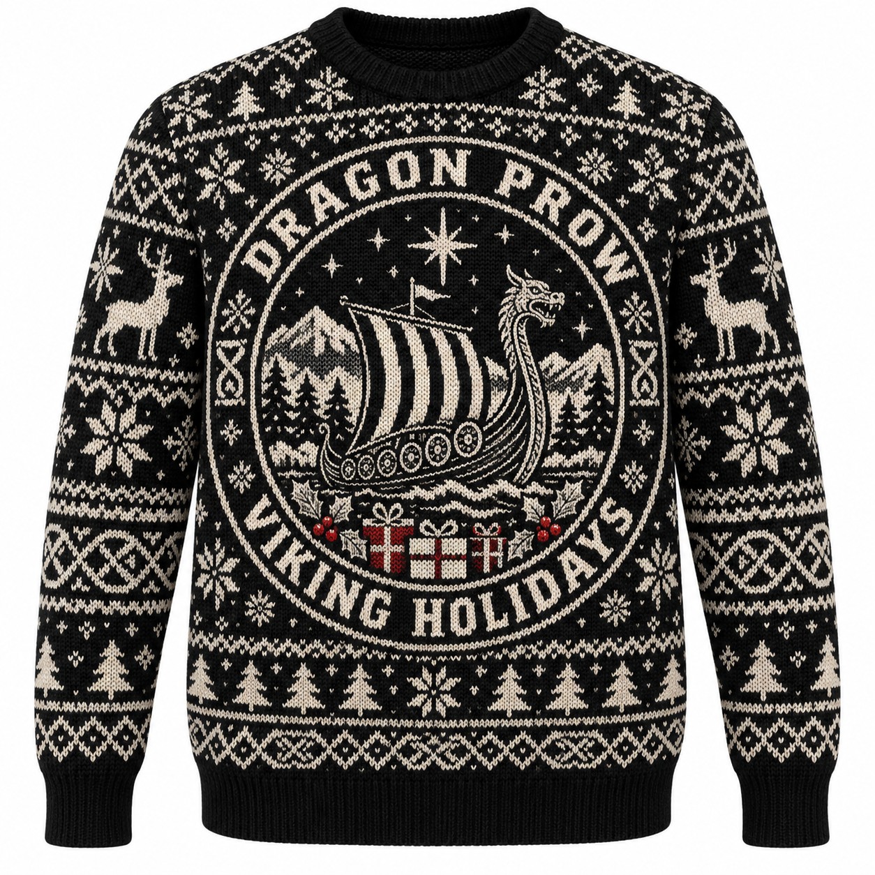 [popular-sweater:PX-10-10:front] Dragon Prow Viking Holidays Ugly Christmas Sweatshirt - Front view