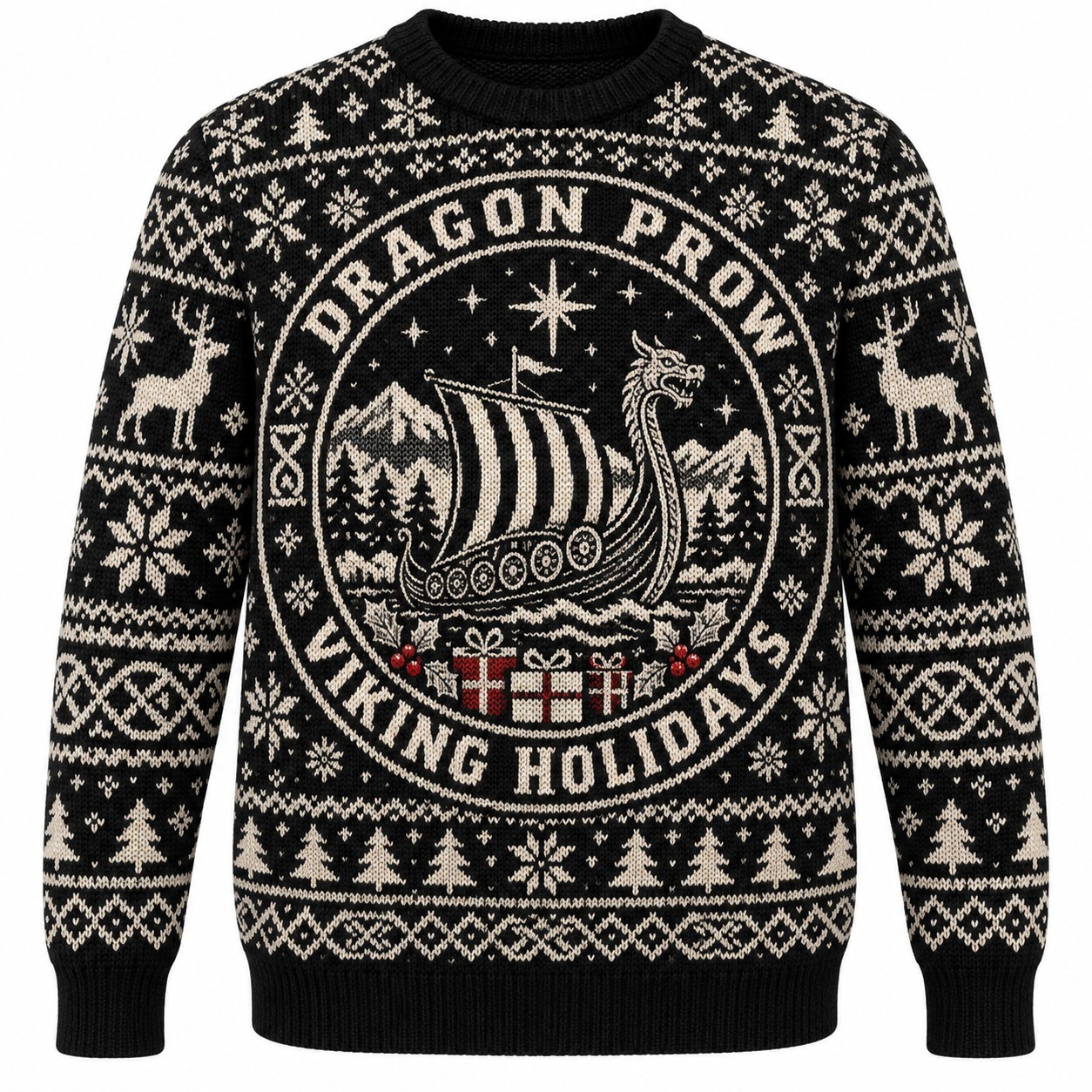 [popular-sweater:PX-10-10:front] Dragon Prow Viking Holidays Ugly Christmas Sweatshirt - Front view