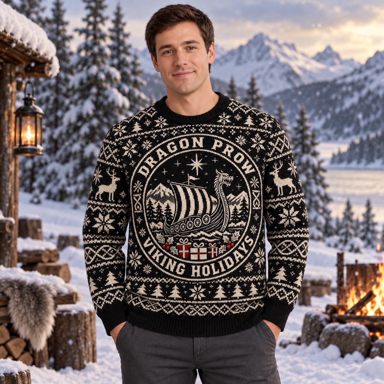 [popular-sweater:PX-10-10:male] Dragon Prow Viking Holidays Ugly Christmas Sweatshirt - Male view