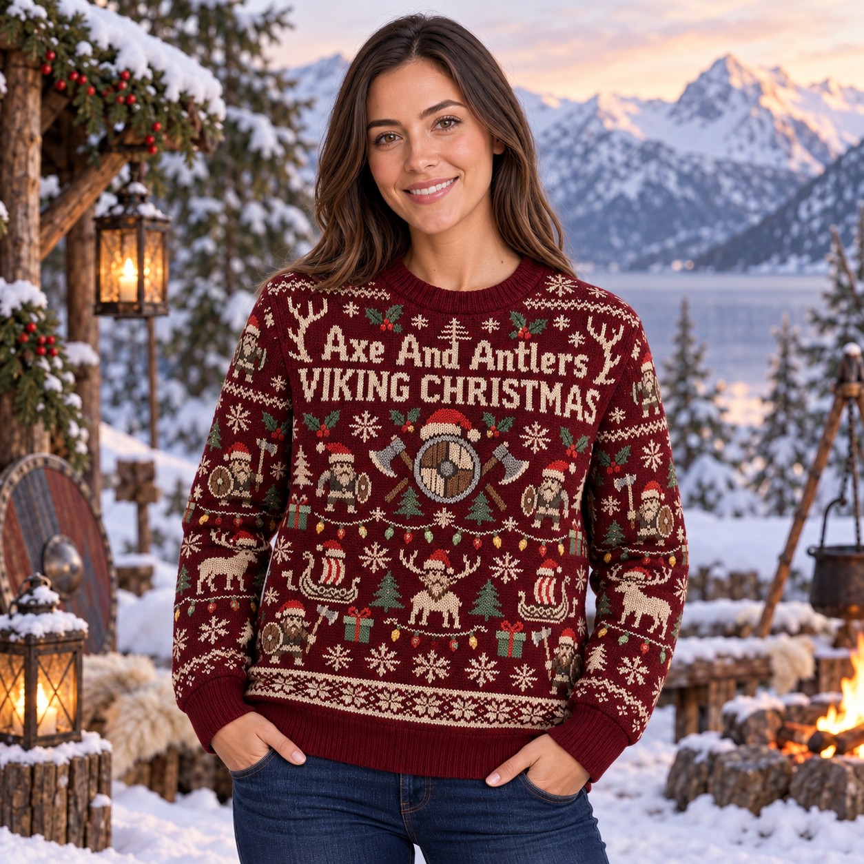 [popular-sweater:PX-10-12:female] Axe And Antlers Viking Christmas Ugly Christmas Sweatshirt - Female view