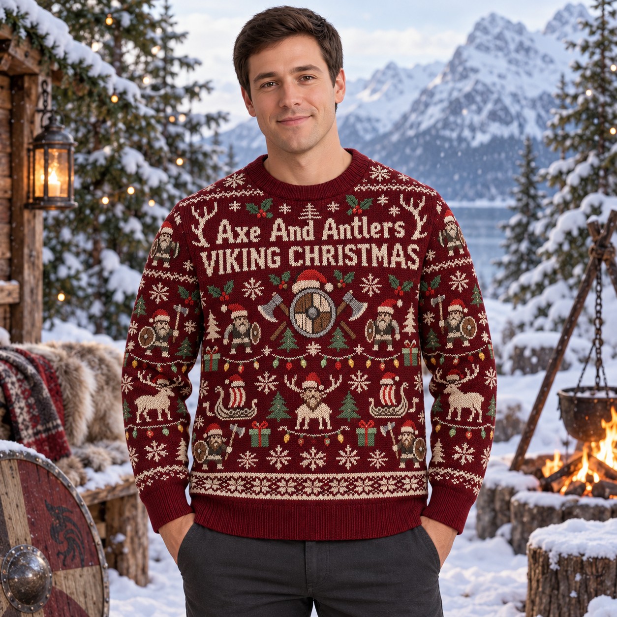 [popular-sweater:PX-10-12:male] Axe And Antlers Viking Christmas Ugly Christmas Sweatshirt - Male view