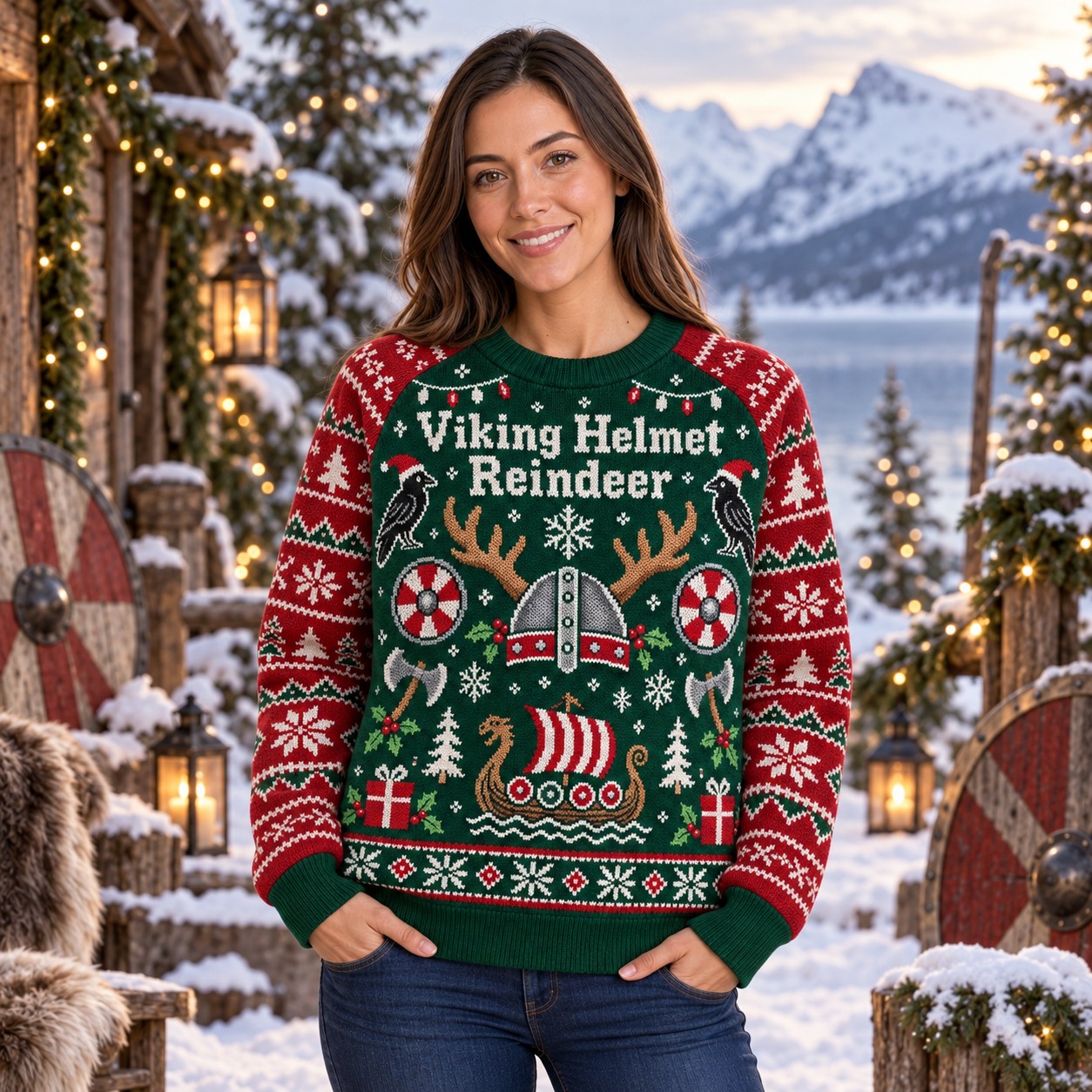 [popular-sweater:PX-10-13:female] Viking Helmet Reindeer Ugly Christmas Sweatshirt - Female view