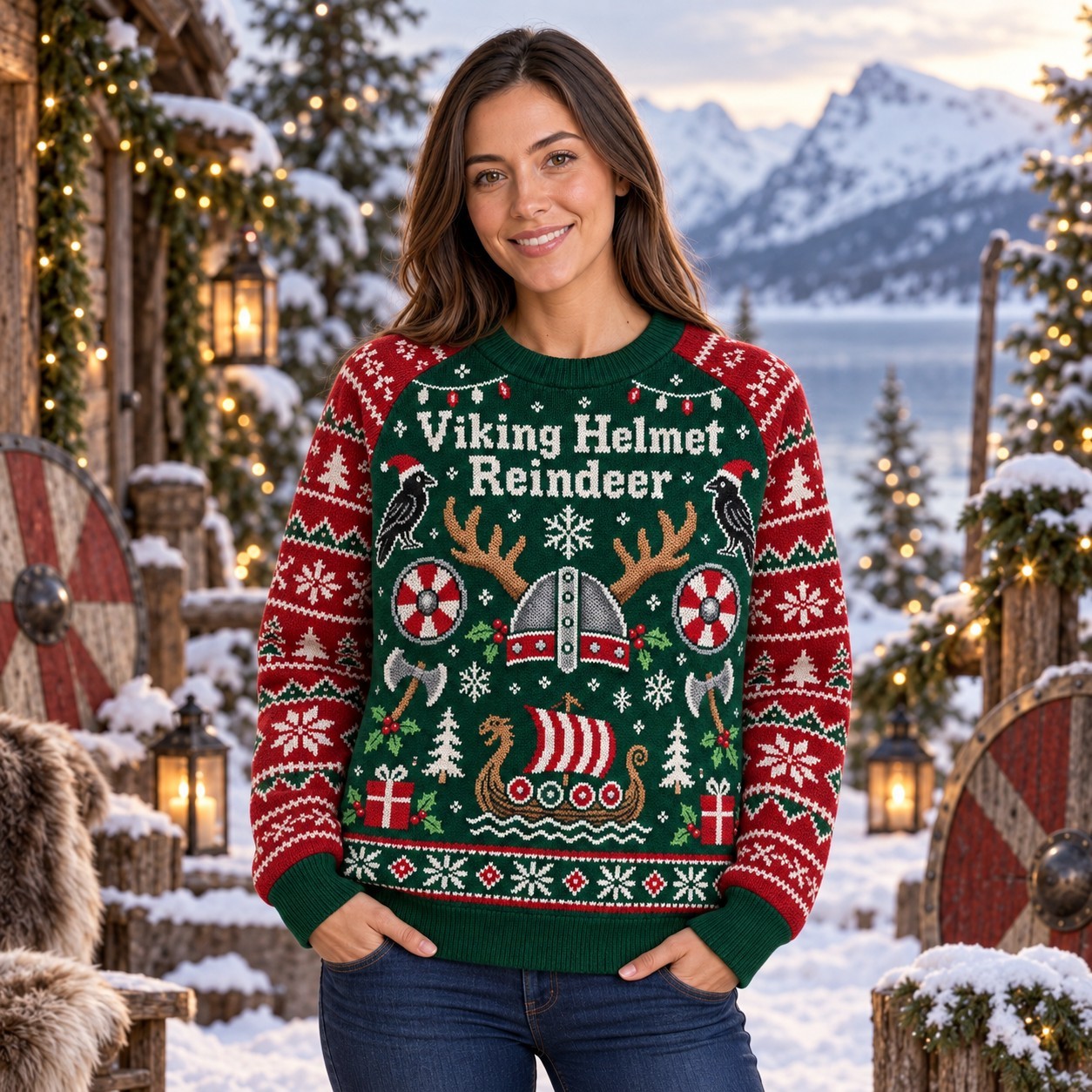 [popular-sweater:PX-10-13:female] Viking Helmet Reindeer Ugly Christmas Sweatshirt - Female view
