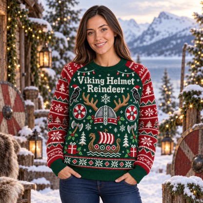 [popular-sweater:PX-10-13:female] Viking Helmet Reindeer Ugly Christmas Sweatshirt - Female view