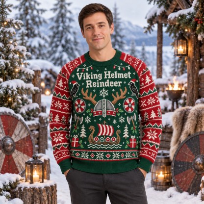 [popular-sweater:PX-10-13:male] Viking Helmet Reindeer Ugly Christmas Sweatshirt - Male view
