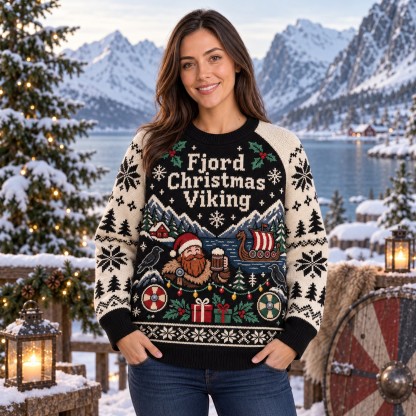 [popular-sweater:PX-10-18:female] Fjord Christmas Viking Ugly Christmas Sweatshirt - Female view