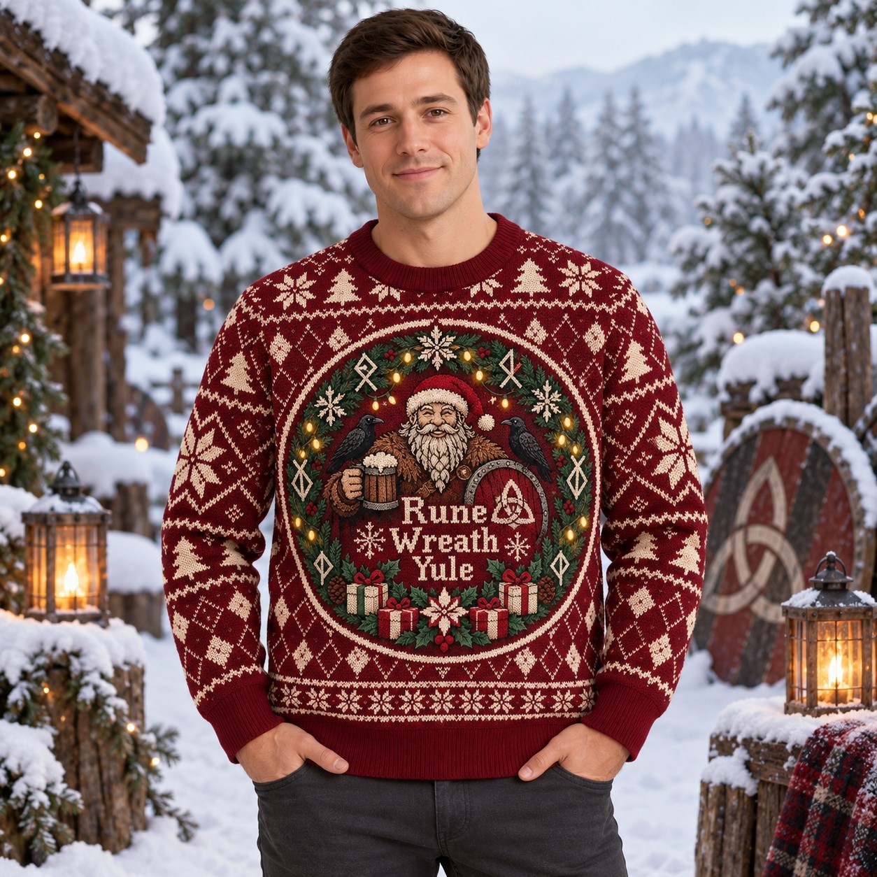 [popular-sweater:PX-10-20:male] Rune Wreath Yule Ugly Christmas Sweatshirt - Male view