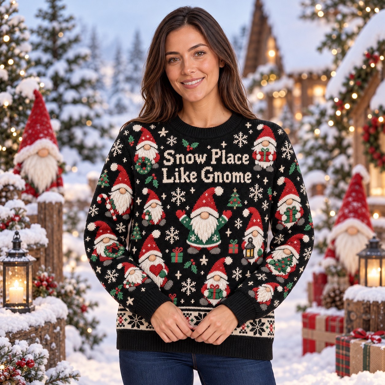 [popular-sweater:PX-11-02:female] Snow Place Like Gnome Ugly Christmas Sweatshirt - Female view