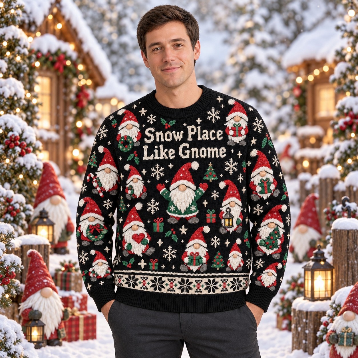 [popular-sweater:PX-11-02:male] Snow Place Like Gnome Ugly Christmas Sweatshirt - Male view