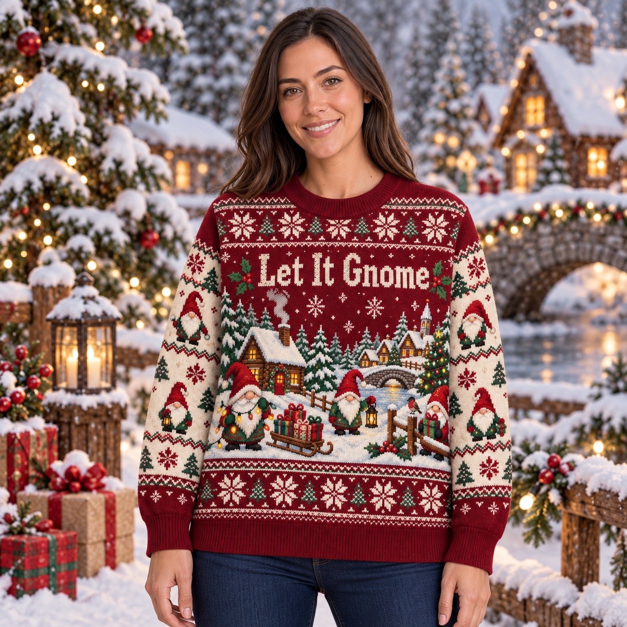 [popular-sweater:PX-11-04:female] Let It Gnome Ugly Christmas Sweatshirt - Female view