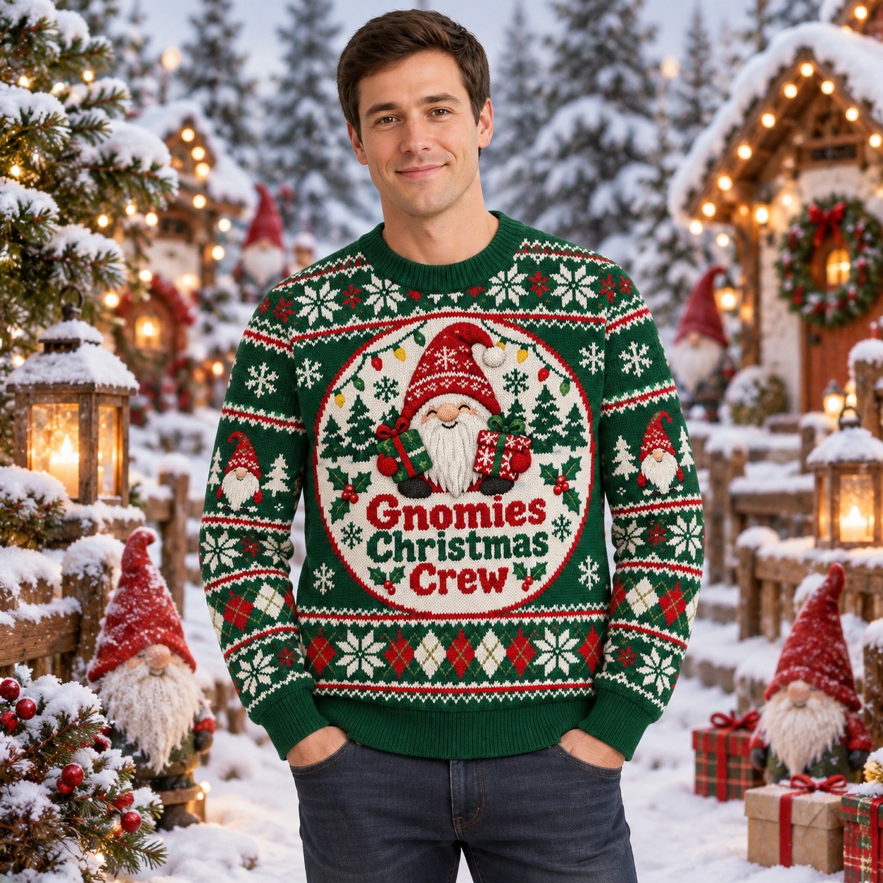[popular-sweater:PX-11-05:male] Gnomies Christmas Crew Ugly Christmas Sweatshirt - Male view