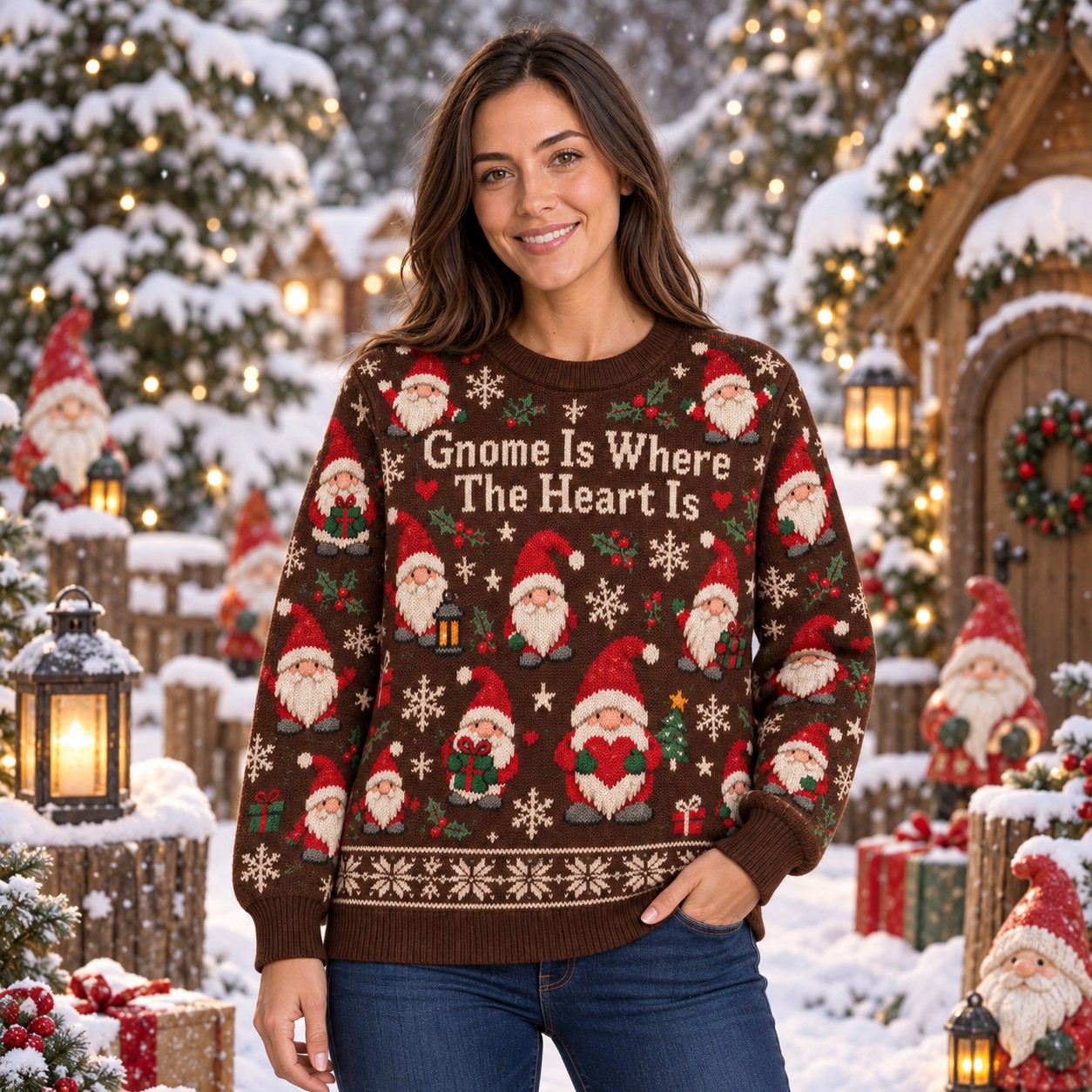 [popular-sweater:PX-11-07:female] Gnome Is Where The Heart Is Ugly Christmas Sweatshirt - Female view