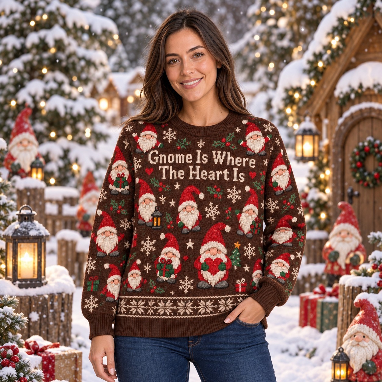 [popular-sweater:PX-11-07:female] Gnome Is Where The Heart Is Ugly Christmas Sweatshirt - Female view