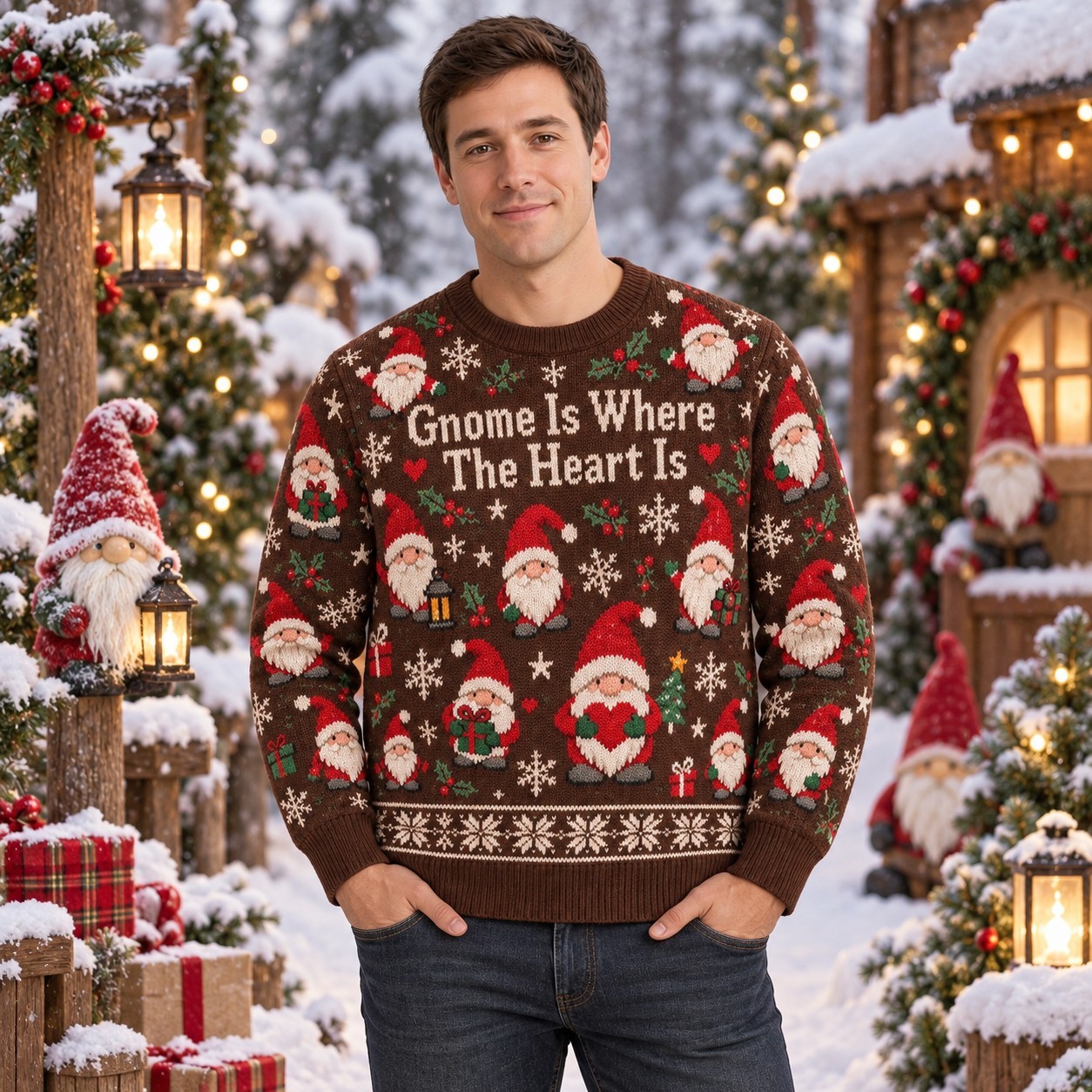 [popular-sweater:PX-11-07:male] Gnome Is Where The Heart Is Ugly Christmas Sweatshirt - Male view
