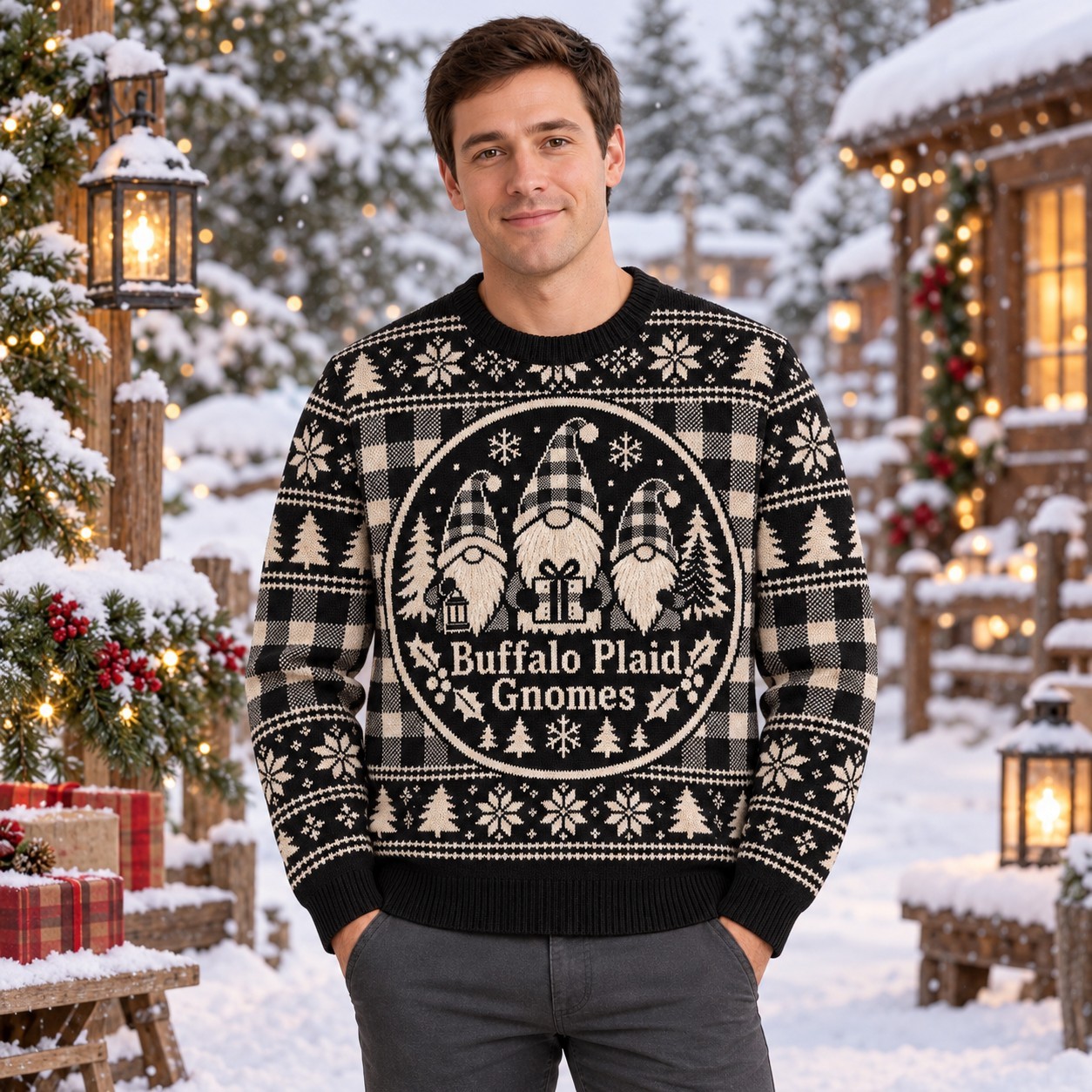 [popular-sweater:PX-11-10:male] Buffalo Plaid Gnomes Ugly Christmas Sweatshirt - Male view