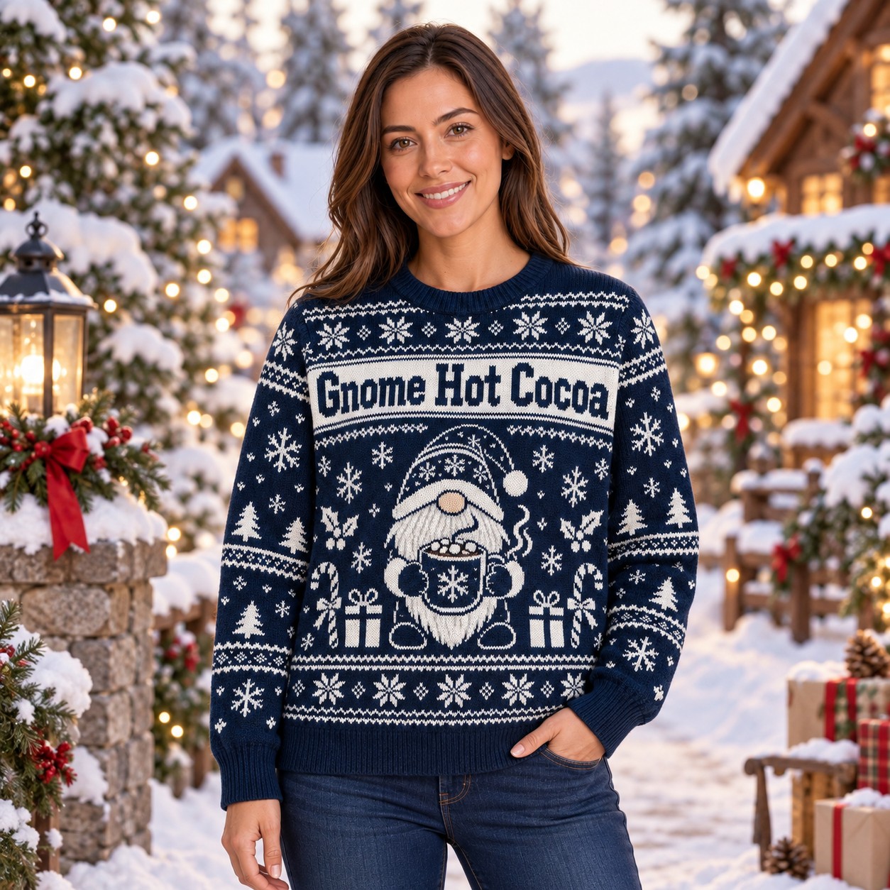 [popular-sweater:PX-11-11:female] Gnome Hot Cocoa Ugly Christmas Sweatshirt - Female view