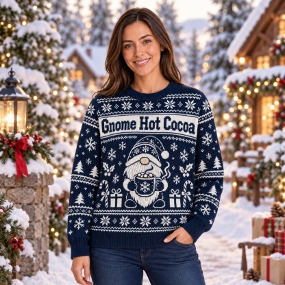 [popular-sweater:PX-11-11:female] Gnome Hot Cocoa Ugly Christmas Sweatshirt - Female view