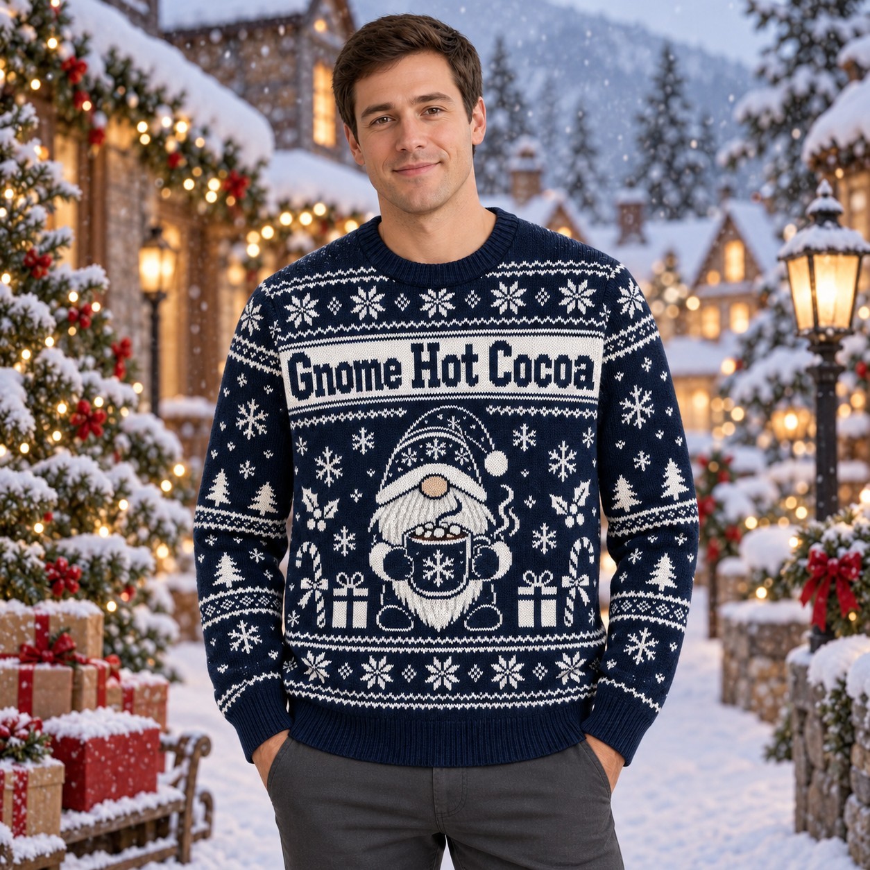 [popular-sweater:PX-11-11:male] Gnome Hot Cocoa Ugly Christmas Sweatshirt - Male view