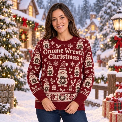 [popular-sweater:PX-11-12:female] Gnome Wreath Christmas Ugly Christmas Sweatshirt - Female view