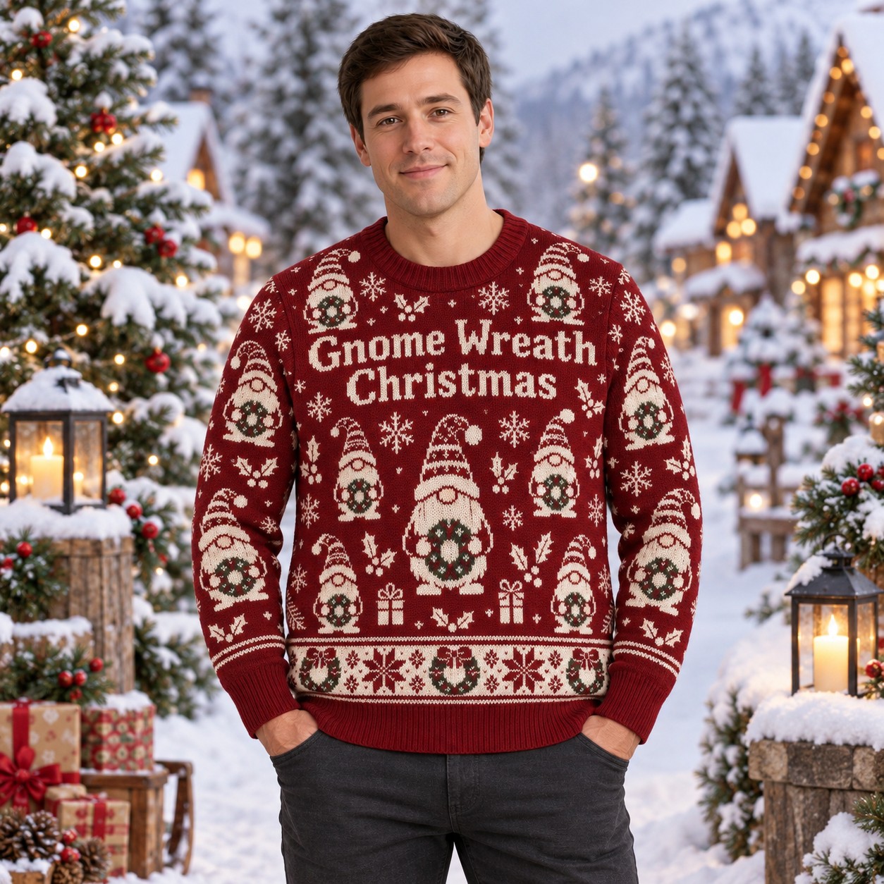 [popular-sweater:PX-11-12:male] Gnome Wreath Christmas Ugly Christmas Sweatshirt - Male view
