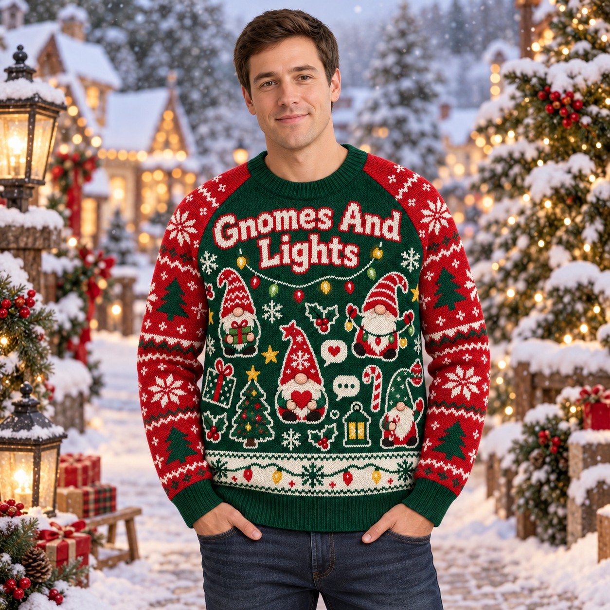 [popular-sweater:PX-11-13:male] Gnomes And Lights Ugly Christmas Sweatshirt - Male view