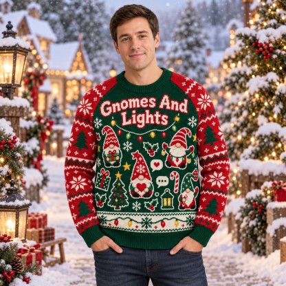 [popular-sweater:PX-11-13:male] Gnomes And Lights Ugly Christmas Sweatshirt - Male view