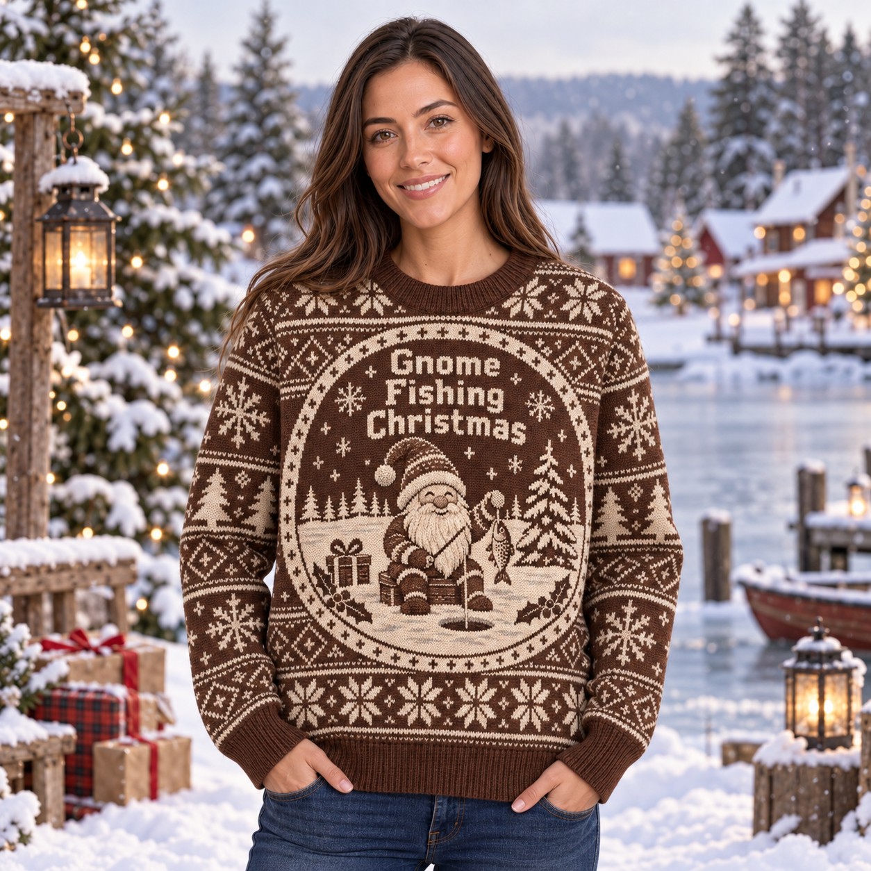 [popular-sweater:PX-11-15:female] Gnome Fishing Christmas Ugly Christmas Sweatshirt - Female view